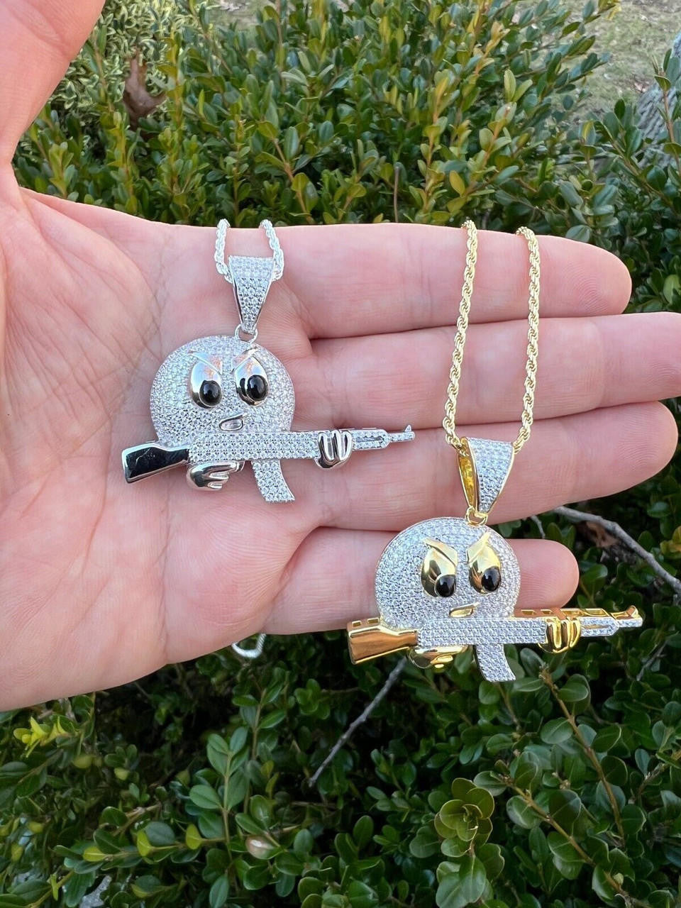 HarlemBling MOISSANITE Real Silver / Gold Angry Emoji W. AK47 Gun Necklace Pass Diamond Test