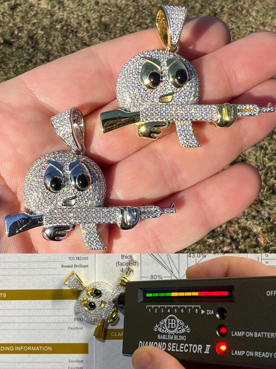 HarlemBling MOISSANITE Real Silver / Gold Angry Emoji W. AK47 Gun Necklace Pass Diamond Test