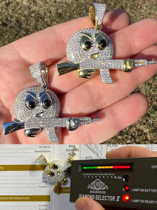 HarlemBling MOISSANITE Real Silver / Gold Angry Emoji W. AK47 Gun Necklace Pass Diamond Test