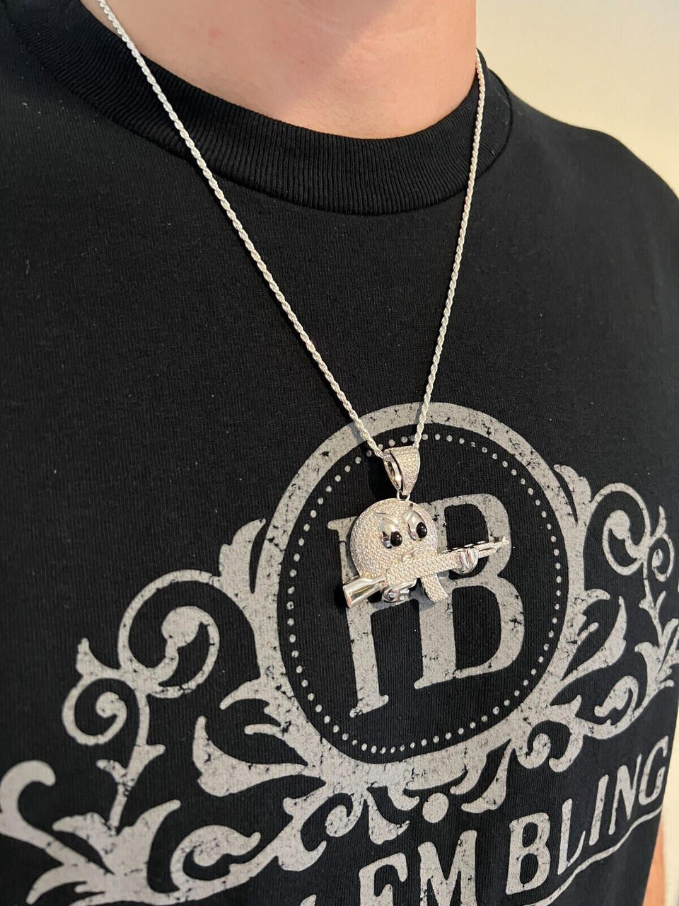MOISSANITE Real Silver / Gold Angry Emoji W. AK47 Gun Necklace