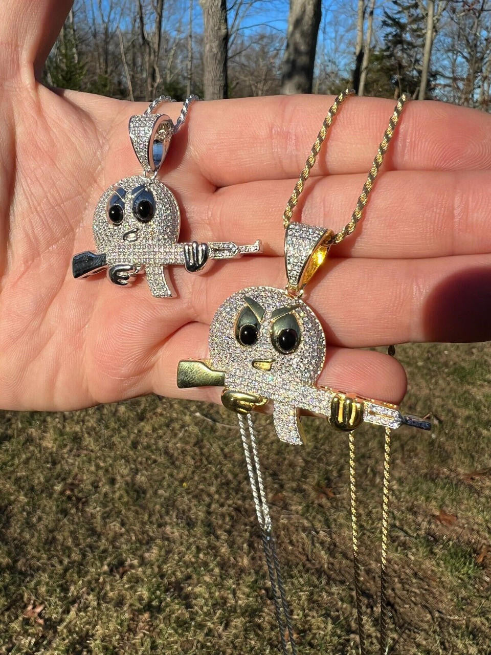 HarlemBling MOISSANITE Real Silver / Gold Angry Emoji W. AK47 Gun Necklace Pass Diamond Test