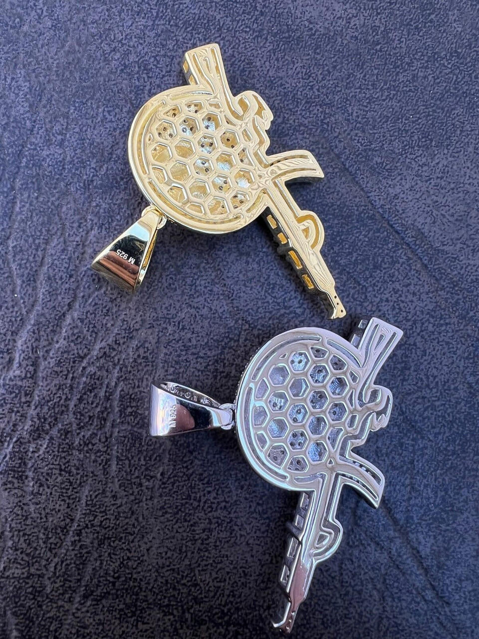 HarlemBling MOISSANITE Real Silver / Gold Angry Emoji W. AK47 Gun Necklace Pass Diamond Test