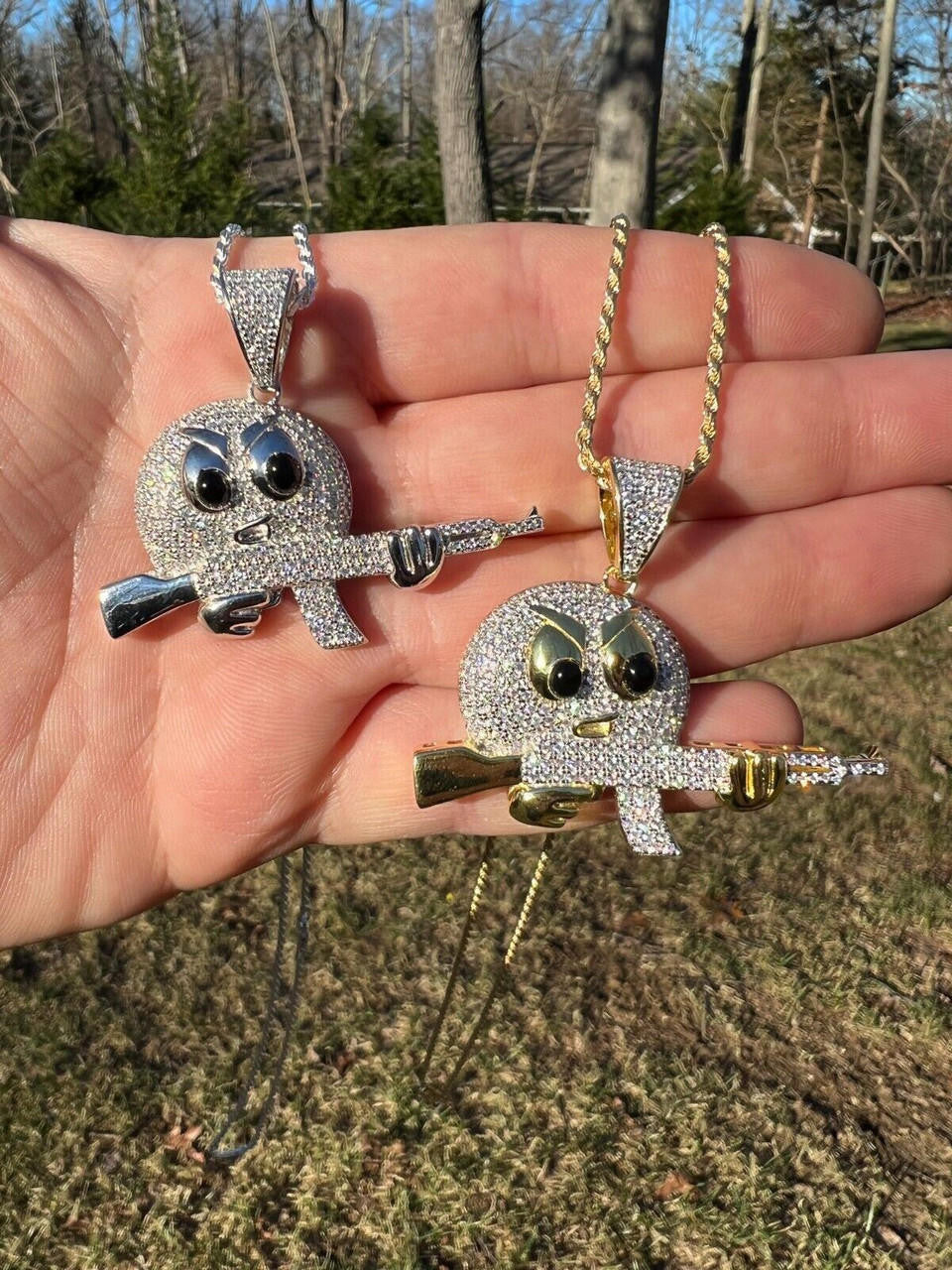HarlemBling MOISSANITE Real Silver / Gold Angry Emoji W. AK47 Gun Necklace Pass Diamond Test