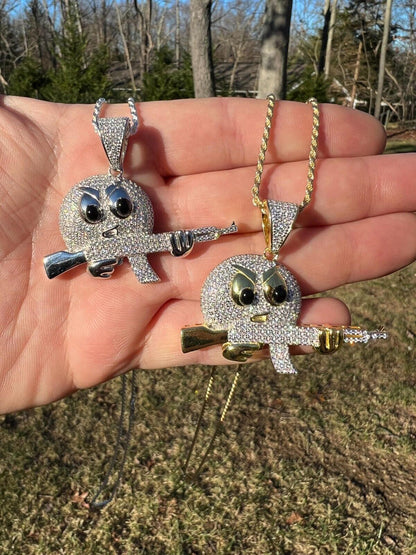 HarlemBling MOISSANITE Real Silver / Gold Angry Emoji W. AK47 Gun Necklace Pass Diamond Test