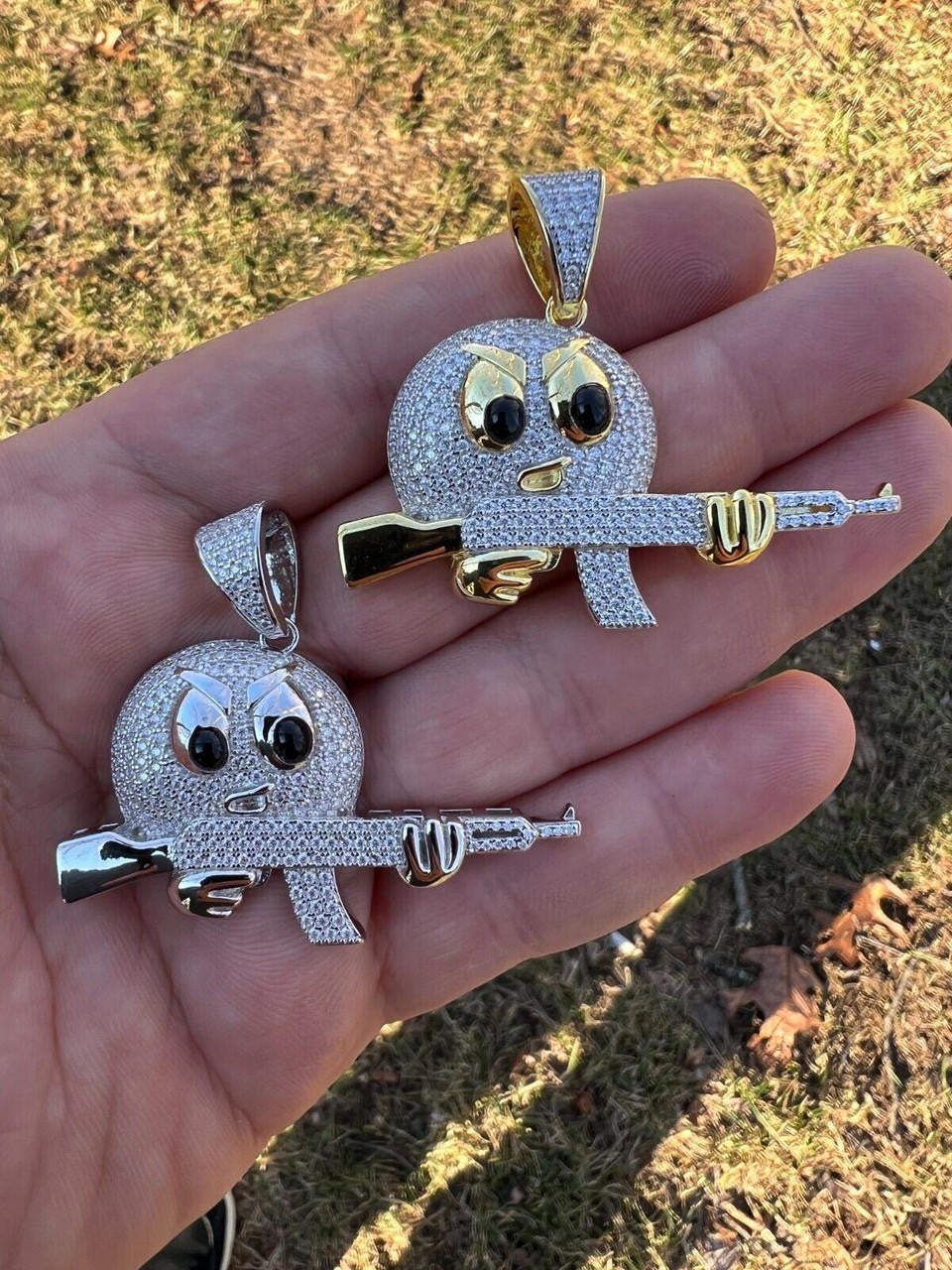 HarlemBling MOISSANITE Real Silver / Gold Angry Emoji W. AK47 Gun Necklace Pass Diamond Test