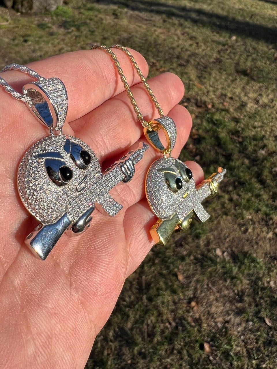 HarlemBling MOISSANITE Real Silver / Gold Angry Emoji W. AK47 Gun Necklace Pass Diamond Test