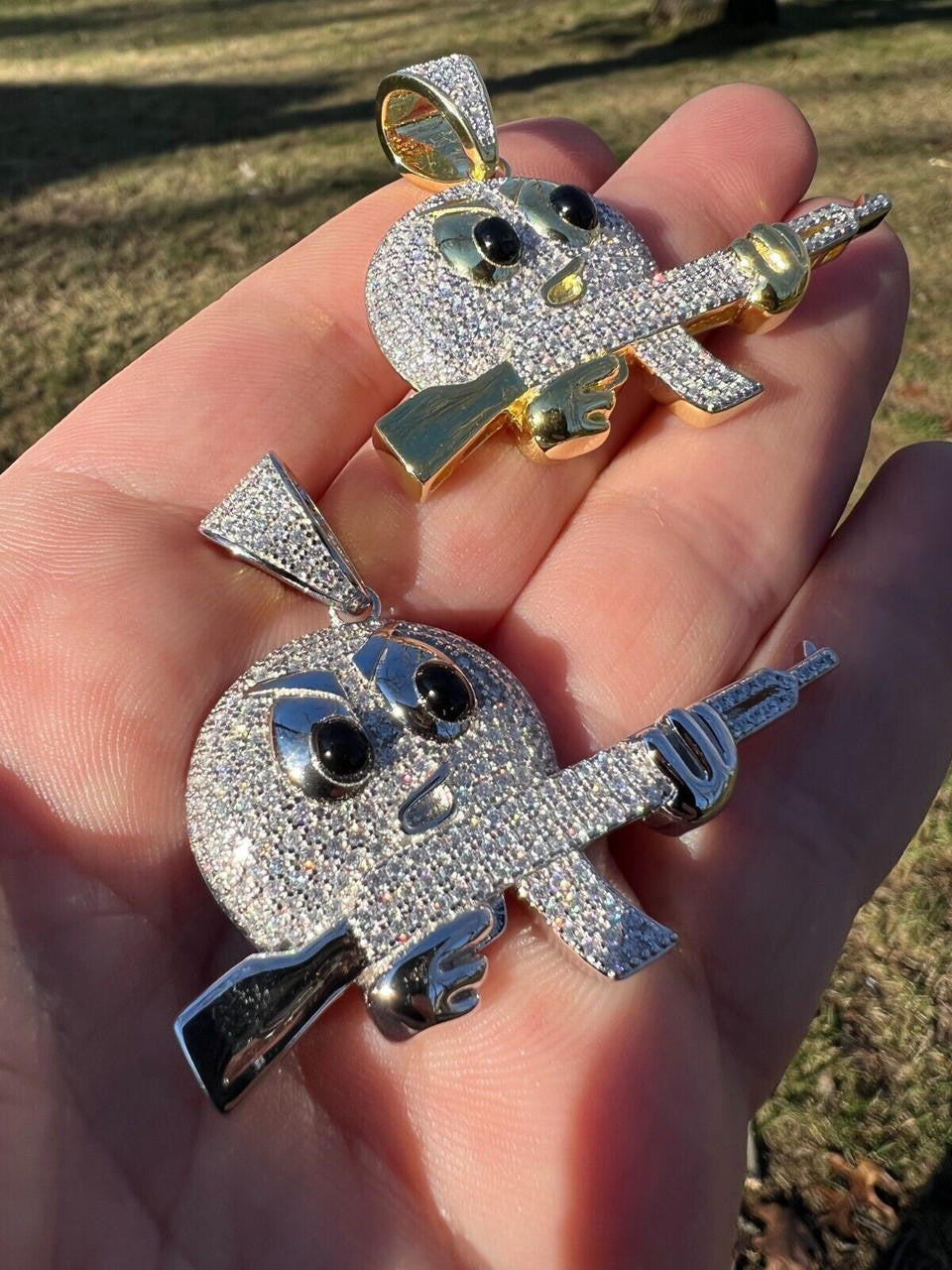 HarlemBling MOISSANITE Real Silver / Gold Angry Emoji W. AK47 Gun Necklace Pass Diamond Test