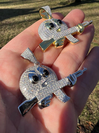 HarlemBling MOISSANITE Real Silver / Gold Angry Emoji W. AK47 Gun Necklace Pass Diamond Test