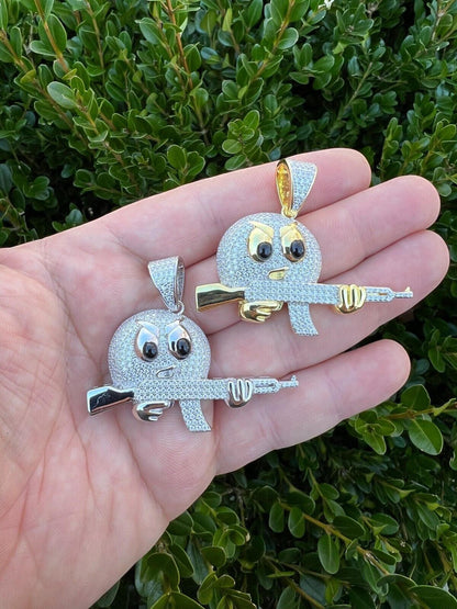 HarlemBling MOISSANITE Real Silver / Gold Angry Emoji W. AK47 Gun Necklace Pass Diamond Test