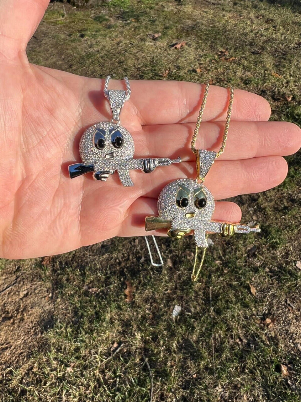 HarlemBling MOISSANITE Real Silver / Gold Angry Emoji W. AK47 Gun Necklace Pass Diamond Test