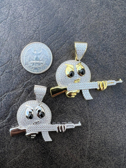 HarlemBling MOISSANITE Real Silver / Gold Angry Emoji W. AK47 Gun Necklace Pass Diamond Test