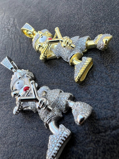 HarlemBling MOISSANITE Real Silver / Gold Iced Bart Simpson Pendant Necklace Diamond Test 