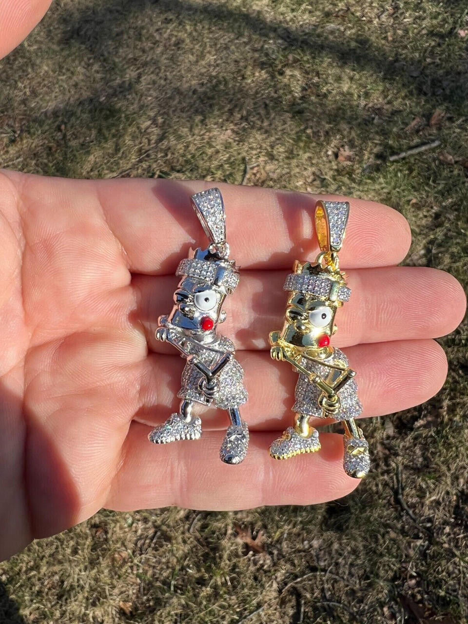 HarlemBling MOISSANITE Real Silver / Gold Iced Bart Simpson Pendant Necklace Diamond Test 