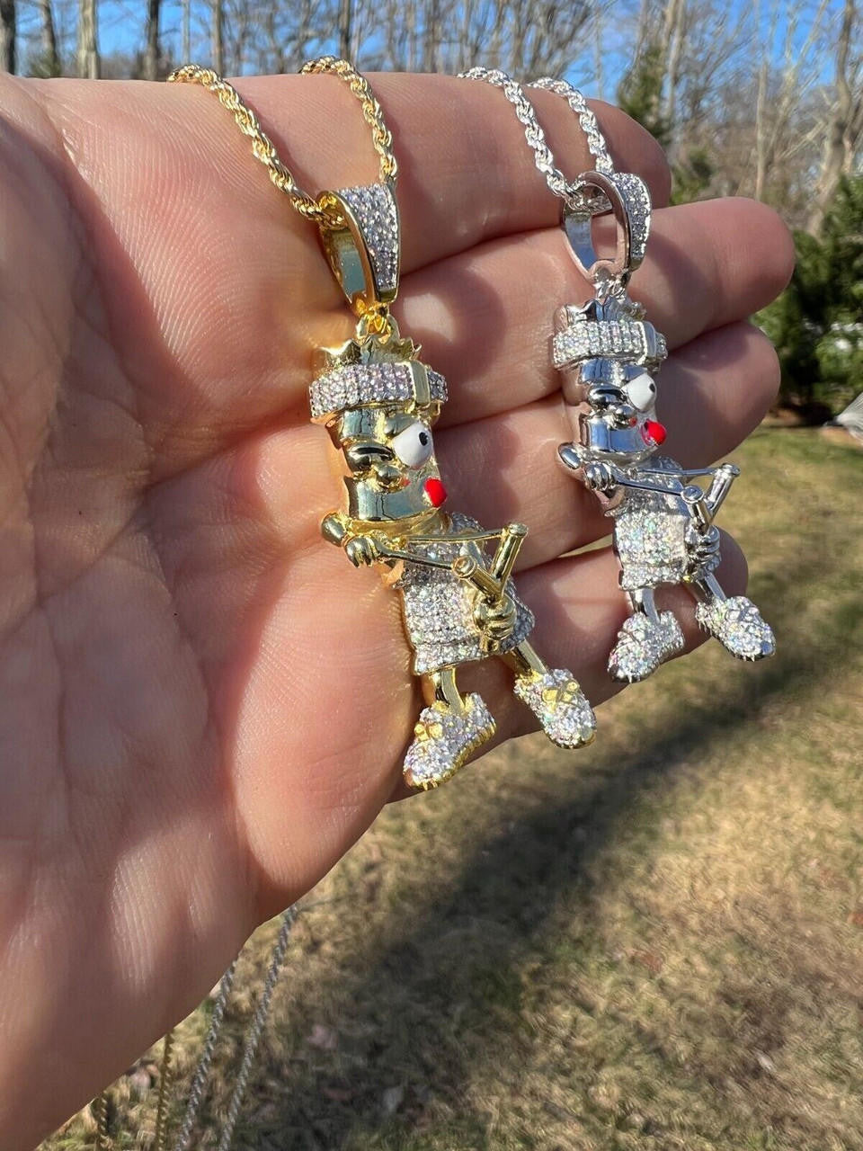 HarlemBling MOISSANITE Real Silver / Gold Iced Bart Simpson Pendant Necklace Diamond Test 