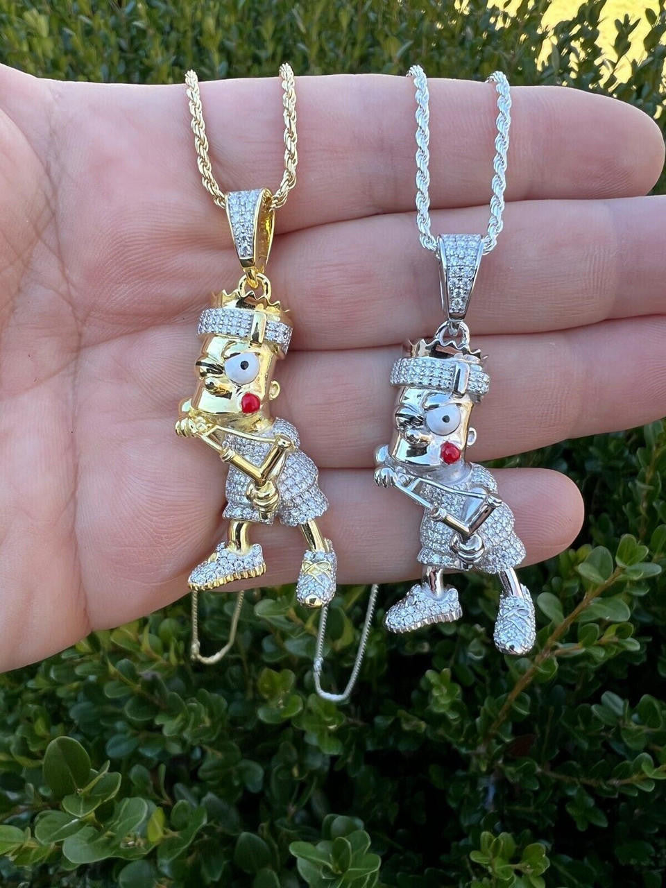 HarlemBling MOISSANITE Real Silver / Gold Iced Bart Simpson Pendant Necklace Diamond Test 