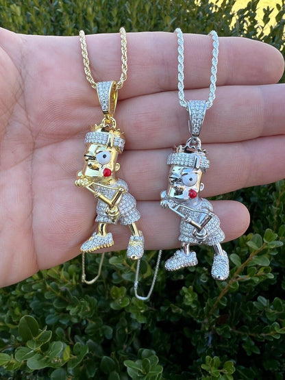 HarlemBling MOISSANITE Real Silver / Gold Iced Bart Simpson Pendant Necklace Diamond Test 
