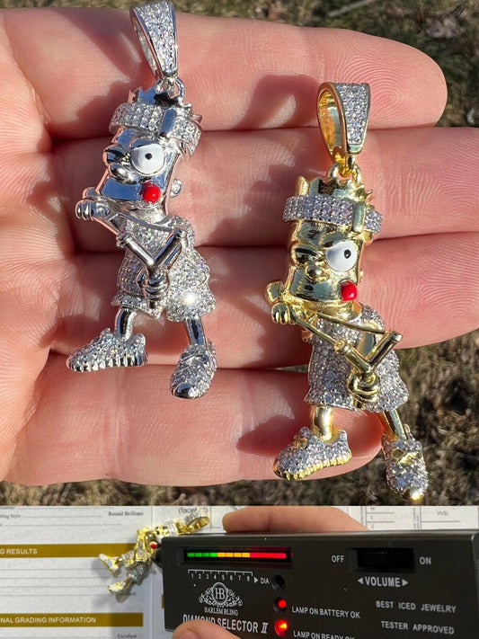 HarlemBling MOISSANITE Real Silver / Gold Iced Bart Simpson Pendant Necklace Diamond Test 