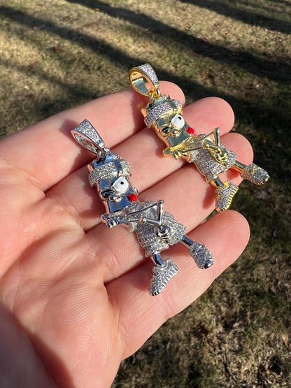 HarlemBling MOISSANITE Real Silver / Gold Iced Bart Simpson Pendant Necklace Diamond Test 