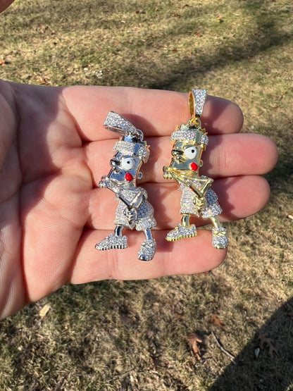 HarlemBling MOISSANITE Real Silver / Gold Iced Bart Simpson Pendant Necklace Diamond Test 