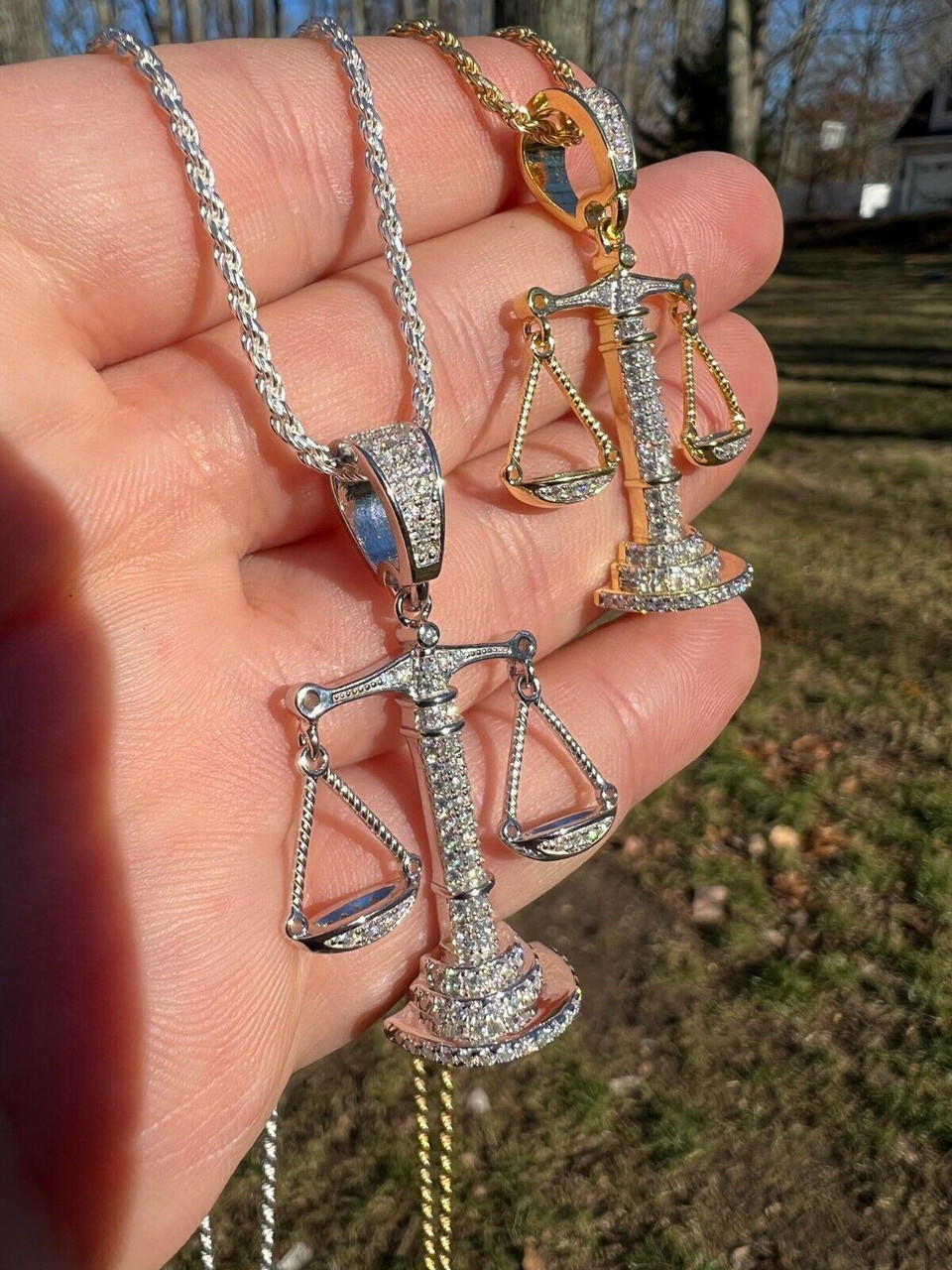 HarlemBling MOISSANITE Real Silver / Gold Libra Balanced Scale Necklace Pass Diamond Tester