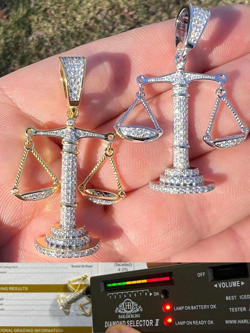 HarlemBling MOISSANITE Real Silver / Gold Libra Balanced Scale Necklace Pass Diamond Tester