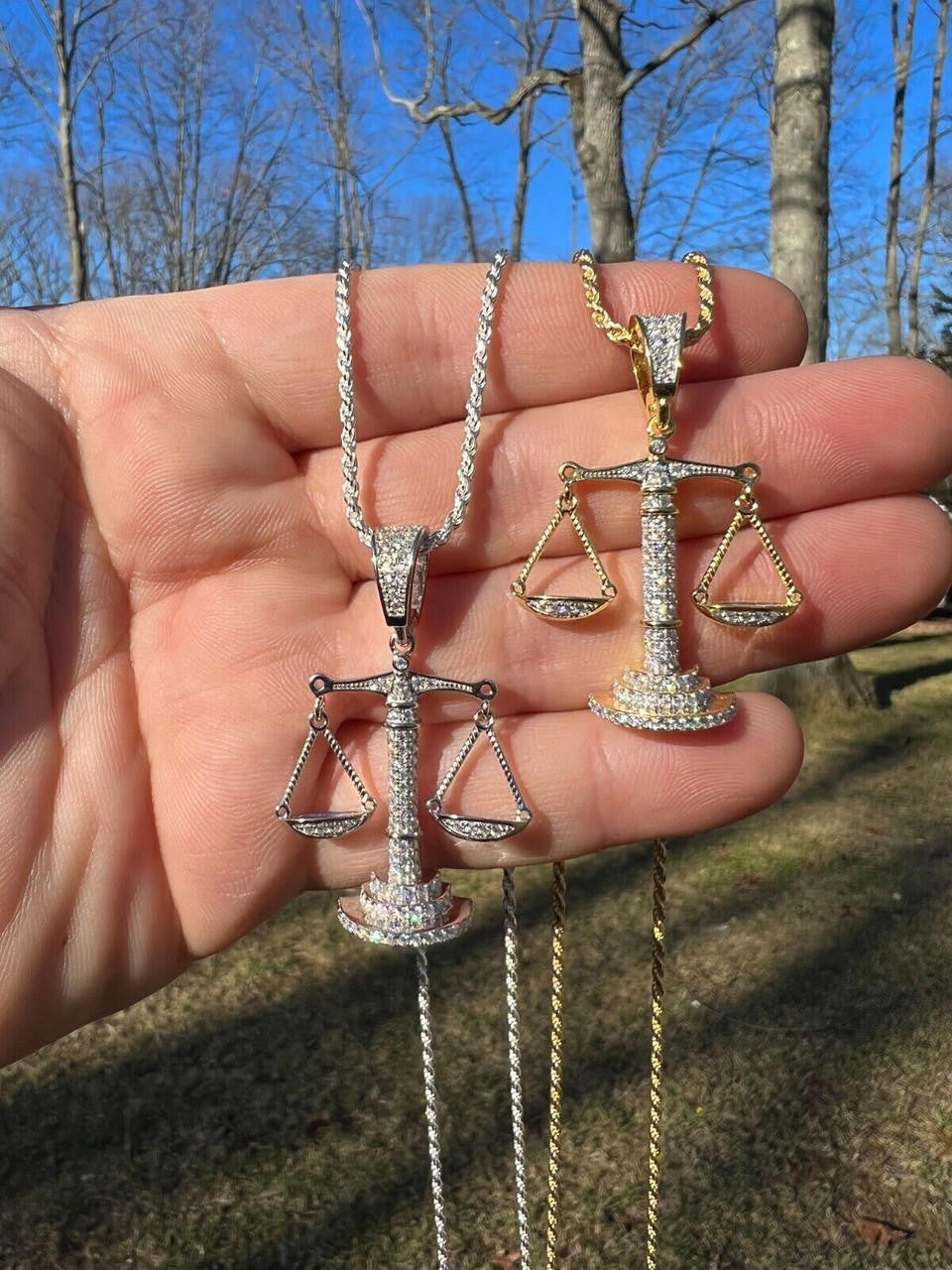 HarlemBling MOISSANITE Real Silver / Gold Libra Balanced Scale Necklace Pass Diamond Tester