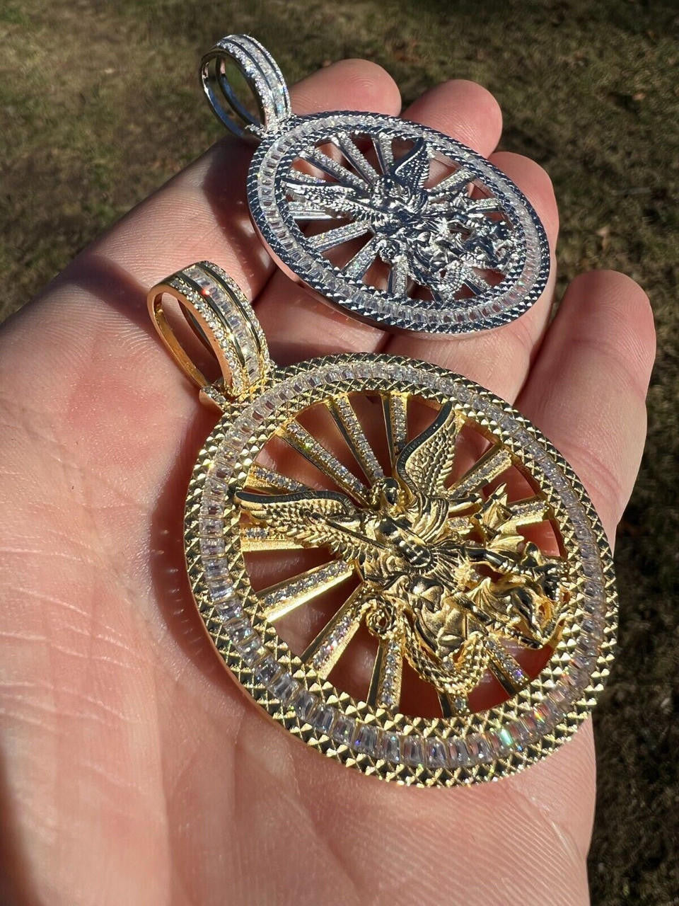 HarlemBling MOISSANITE Real Silver / Gold Michael Archangel Pendant Iced Baguette Medallion