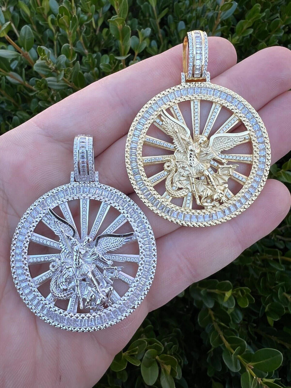 HarlemBling MOISSANITE Real Silver / Gold Michael Archangel Pendant Iced Baguette Medallion