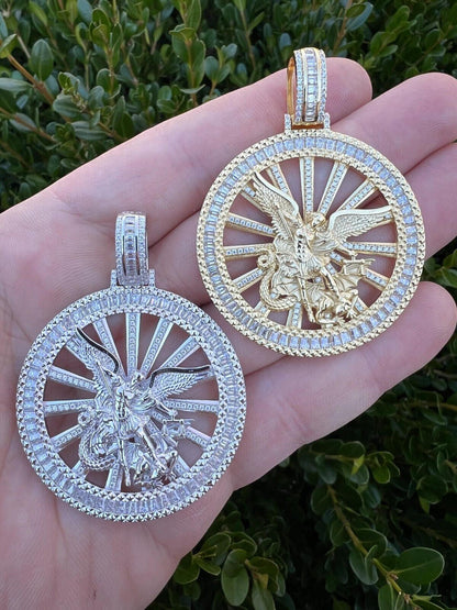HarlemBling MOISSANITE Real Silver / Gold Michael Archangel Pendant Iced Baguette Medallion