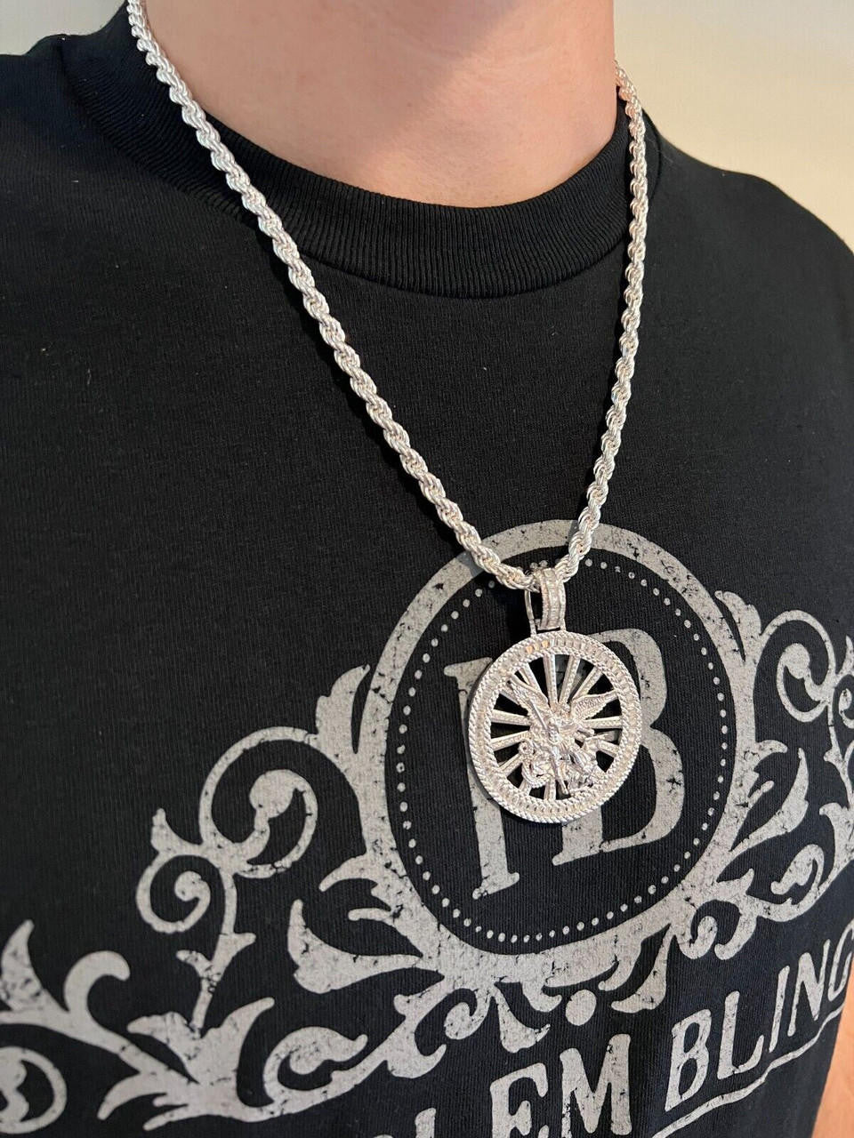 HarlemBling MOISSANITE Real Silver / Gold Michael Archangel Pendant Iced Baguette Medallion