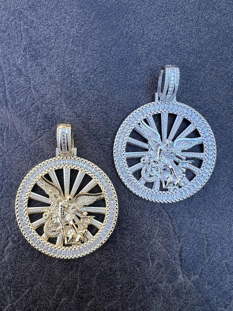 HarlemBling MOISSANITE Real Silver / Gold Michael Archangel Pendant Iced Baguette Medallion