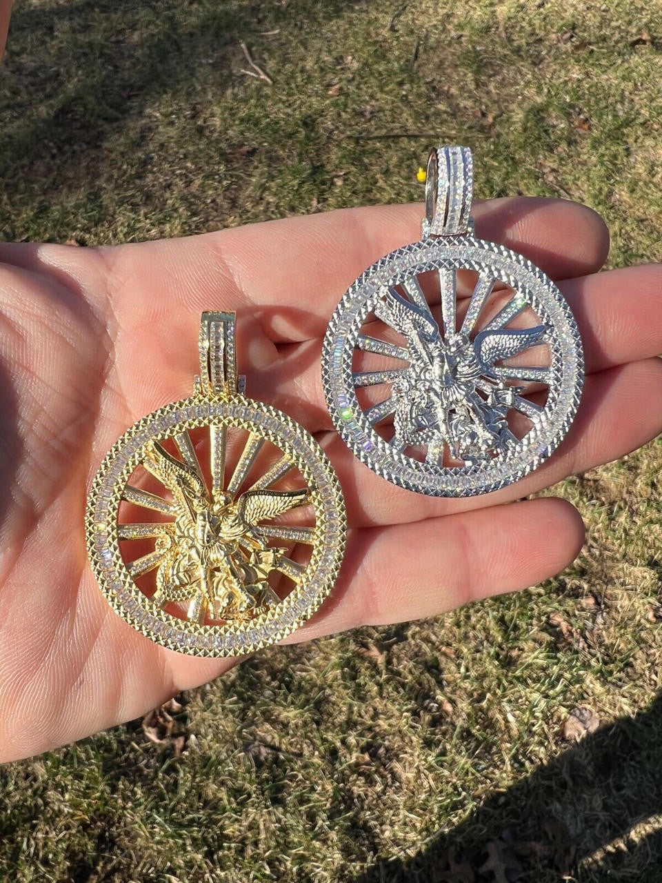 HarlemBling MOISSANITE Real Silver / Gold Michael Archangel Pendant Iced Baguette Medallion