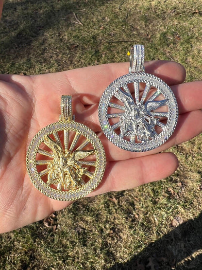 HarlemBling MOISSANITE Real Silver / Gold Michael Archangel Pendant Iced Baguette Medallion