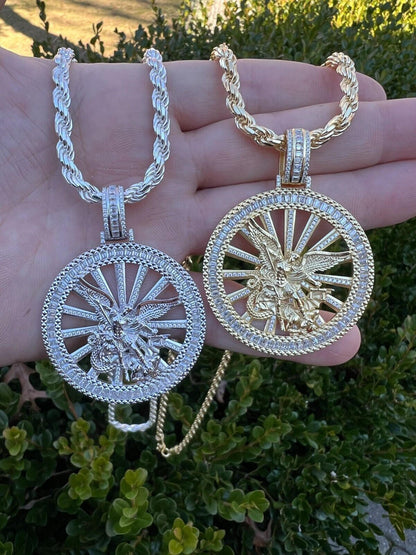 HarlemBling MOISSANITE Real Silver / Gold Michael Archangel Pendant Iced Baguette Medallion