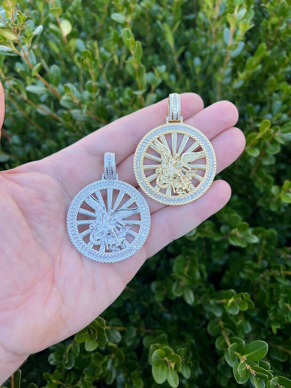 HarlemBling MOISSANITE Real Silver / Gold Michael Archangel Pendant Iced Baguette Medallion