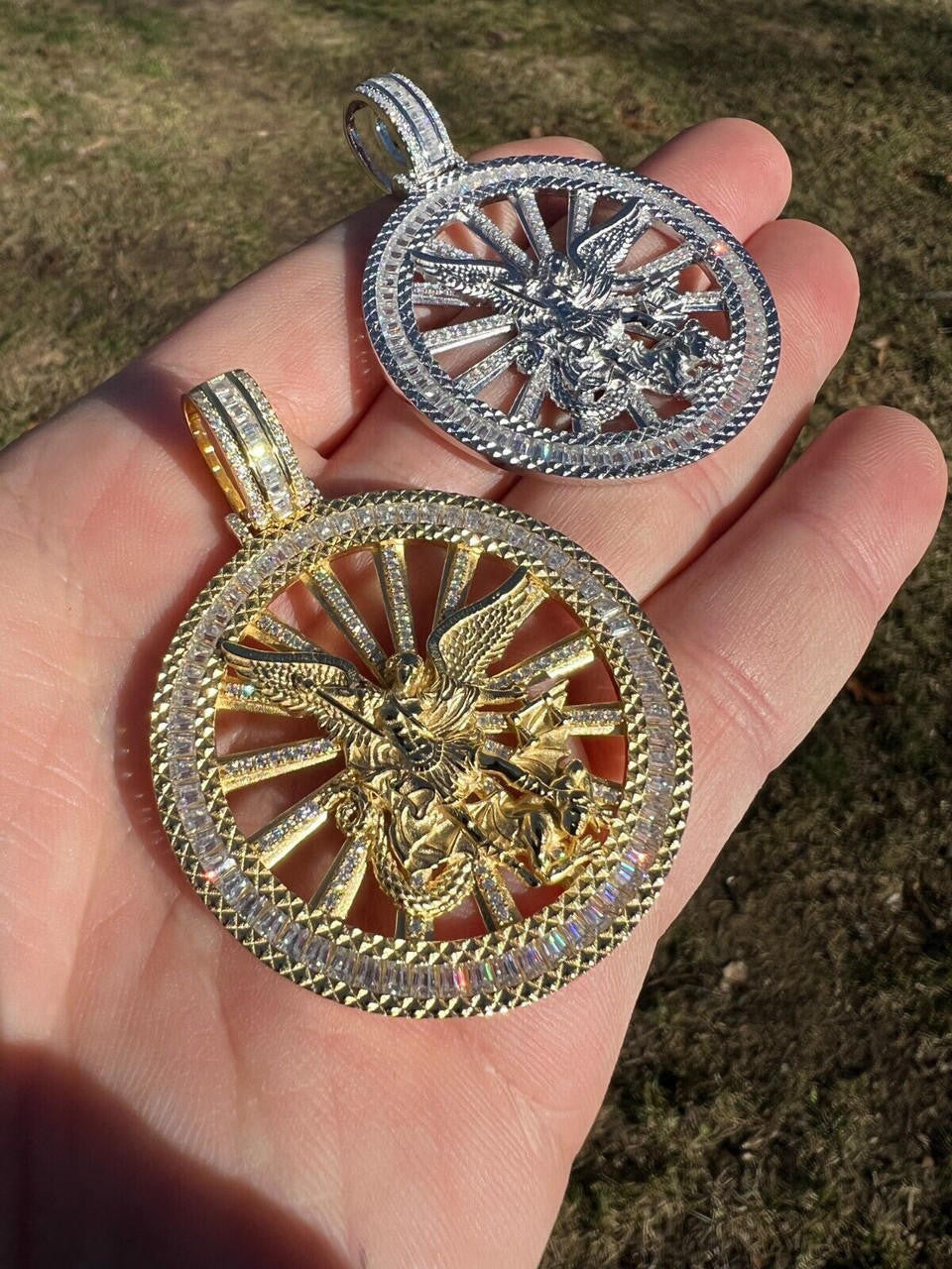 HarlemBling MOISSANITE Real Silver / Gold Michael Archangel Pendant Iced Baguette Medallion