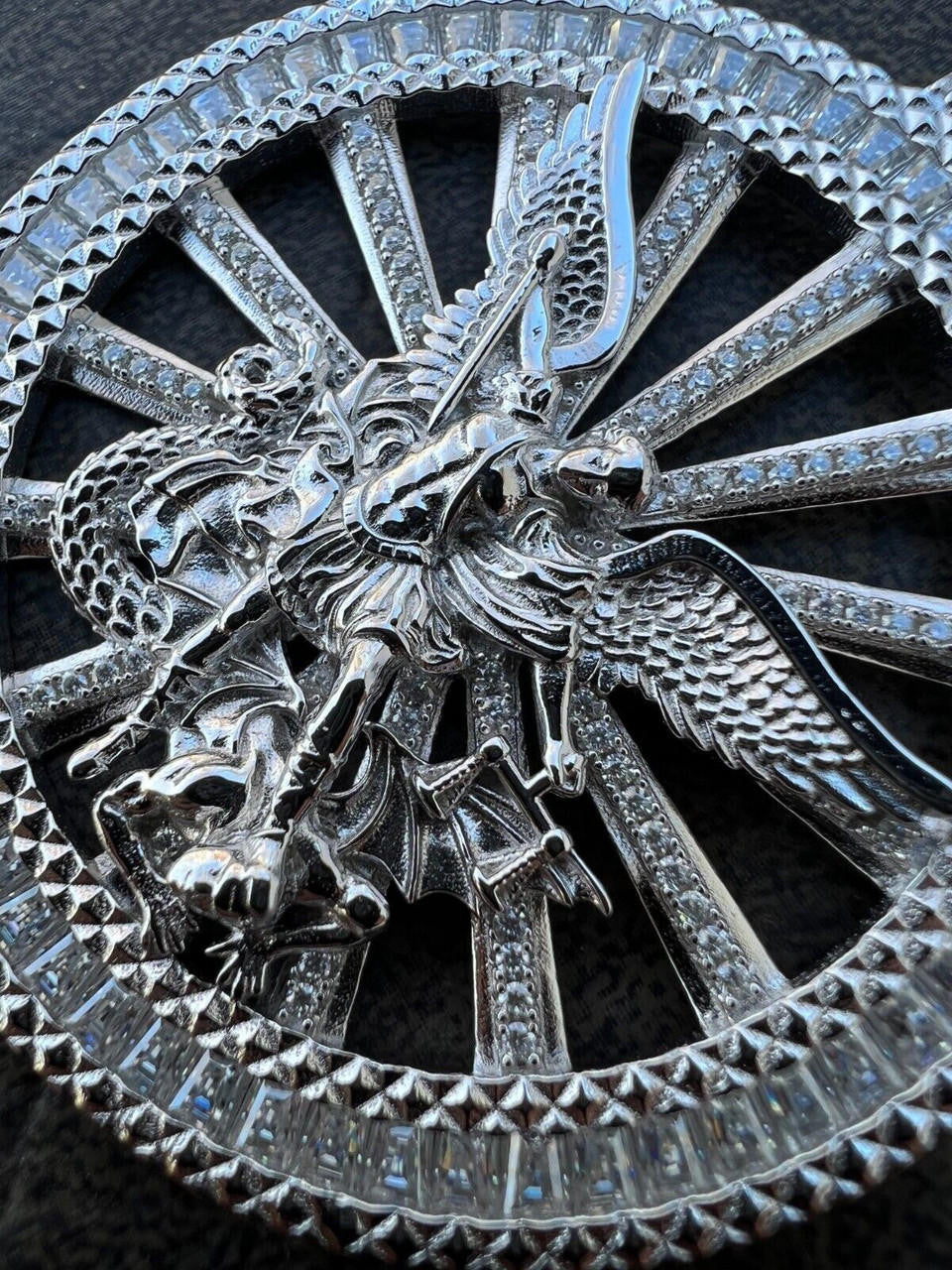 HarlemBling MOISSANITE Real Silver / Gold Michael Archangel Pendant Iced Baguette Medallion