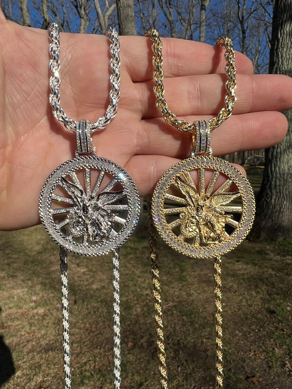 HarlemBling MOISSANITE Real Silver / Gold Michael Archangel Pendant Iced Baguette Medallion