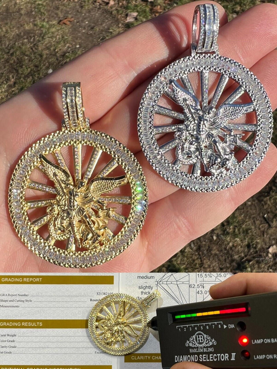 HarlemBling MOISSANITE Real Silver / Gold Michael Archangel Pendant Iced Baguette Medallion