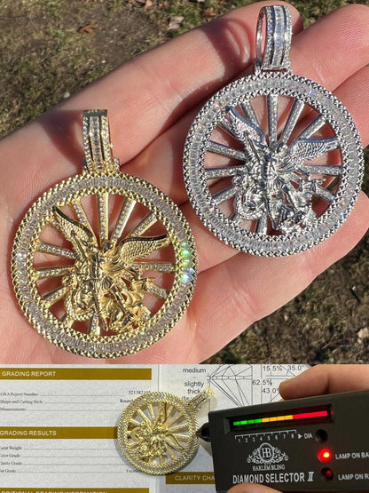 HarlemBling MOISSANITE Real Silver / Gold Michael Archangel Pendant Iced Baguette Medallion