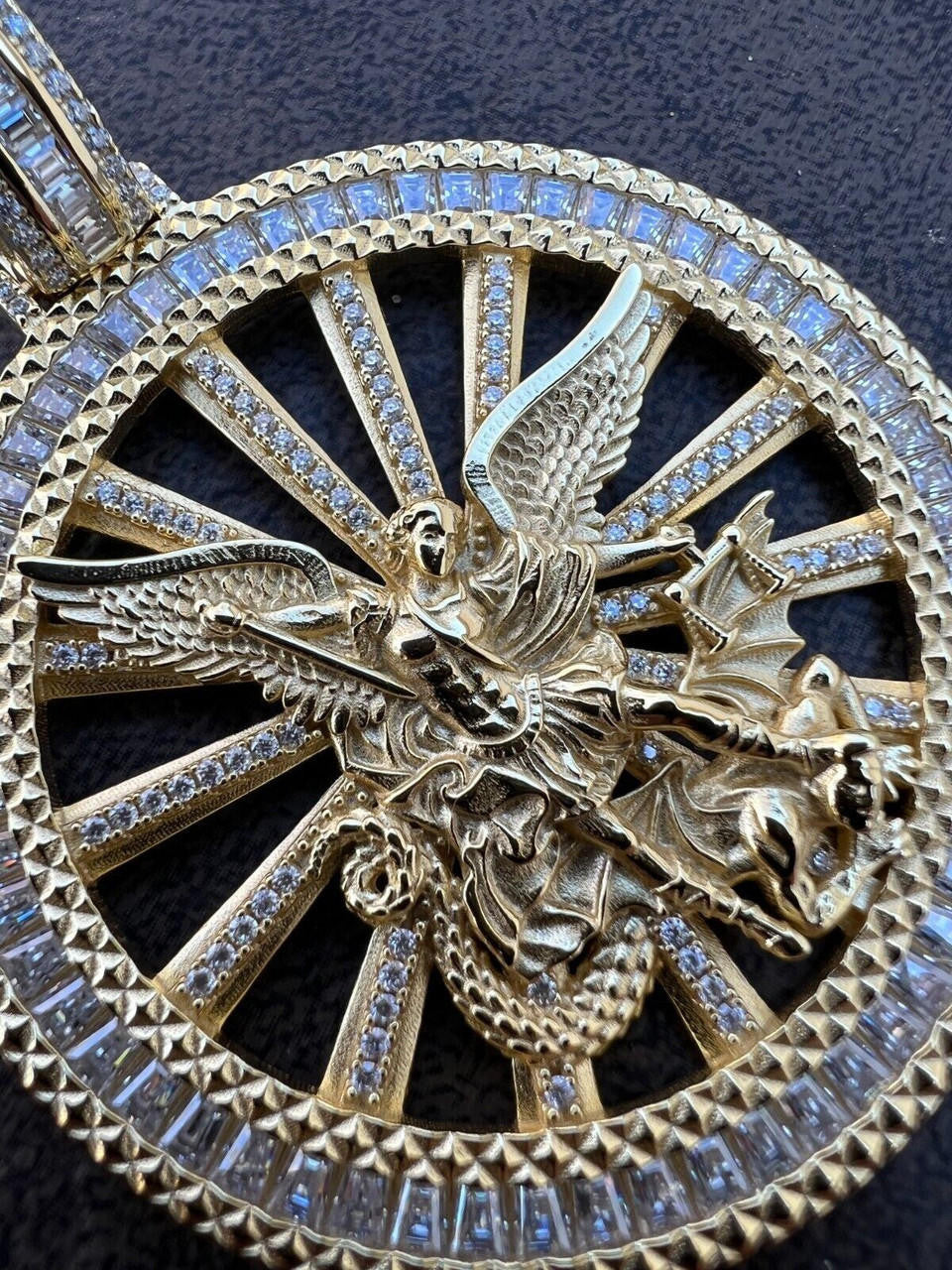 HarlemBling MOISSANITE Real Silver / Gold Michael Archangel Pendant Iced Baguette Medallion