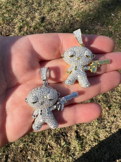 HarlemBling MOISSANITE Real Silver / Gold Stewie Griffin Family Guy Necklace Diamond Test 