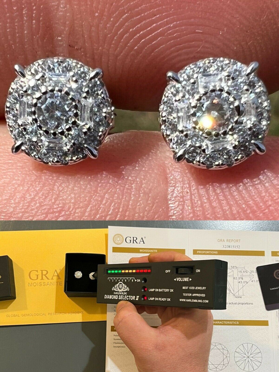 HarlemBling Moissanite Real Silver Hip Hop 8mm Earrings Round Cluster Stud Pass Diamond Test