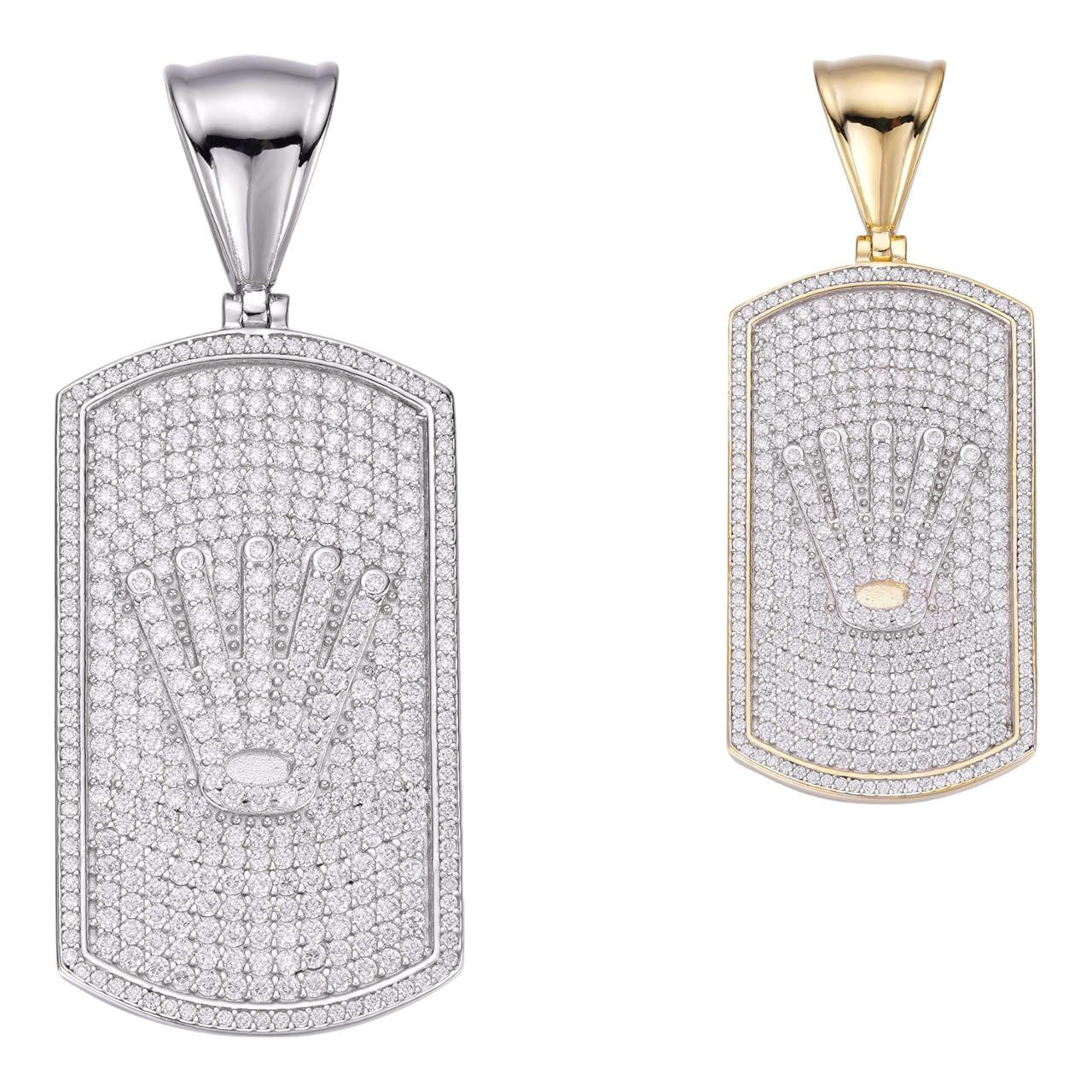 HarlemBling MOISSANITE Rolex Crown King Dog Tag Iced Out Pendant - 14k Gold Vermeil Or 925 Silver - Medium 2.25"