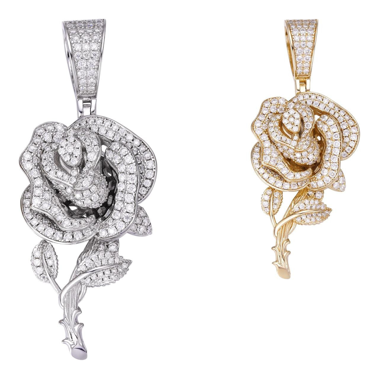 HarlemBling MOISSANITE Rose Flower Iced Out Pendant - 14k Gold Vermeil Or 925 Silver - Medium 2.25"