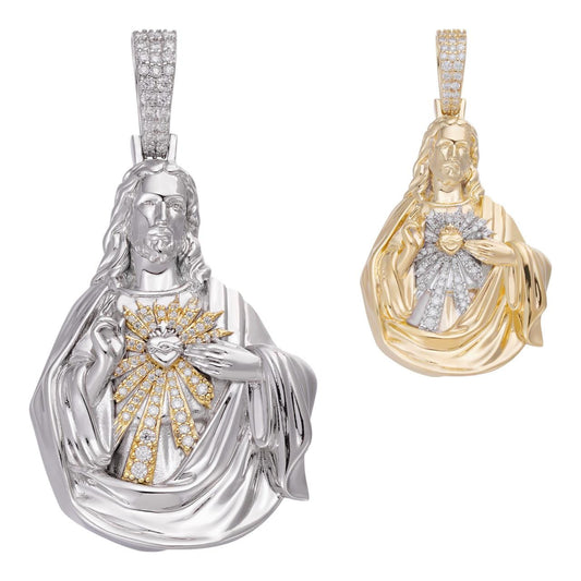 HarlemBling MOISSANITE Sacred Heart Jesus Pendant - 14k Yellow Gold Vermeil Or 925 Silver - Large 2.5"