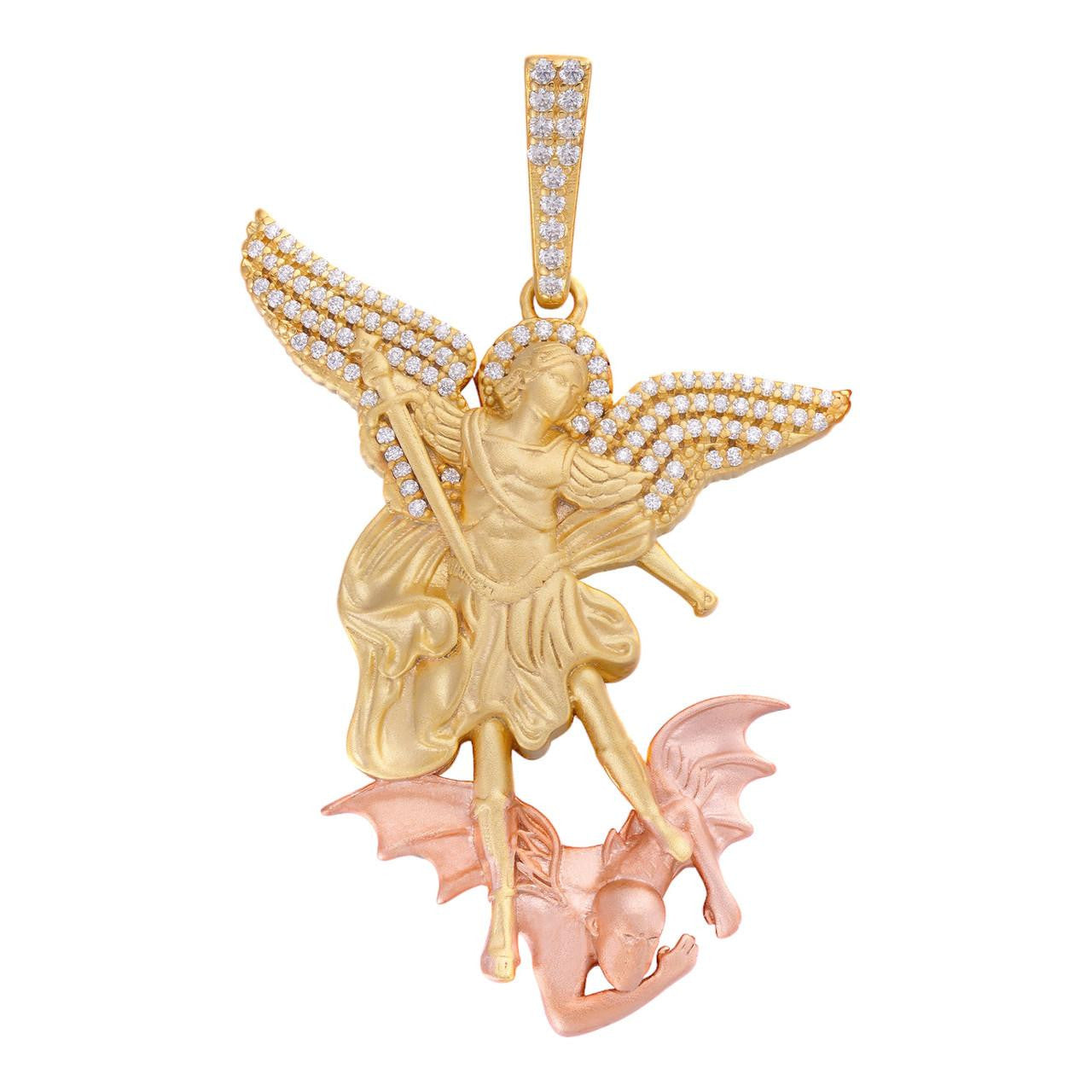 HarlemBling MOISSANITE Saint Michael Archangel Slaying Dragon Pendant - Sandblasted Matte Finish 14k Gold Vermeil and Rose Gold Vermeil 925 Silver  - 3 Sizes 1.25"-3"