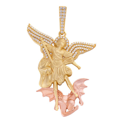 HarlemBling MOISSANITE Saint Michael Archangel Slaying Dragon Pendant - Sandblasted Matte Finish 14k Gold Vermeil and Rose Gold Vermeil 925 Silver  - 3 Sizes 1.25"-3"