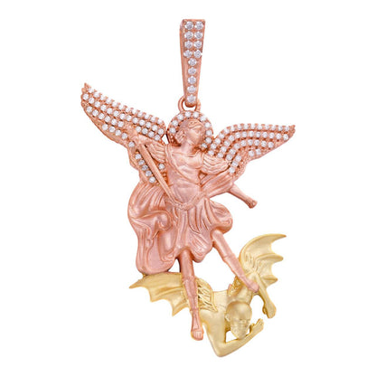 HarlemBling MOISSANITE Saint Michael Archangel Slaying Dragon Pendant - Sandblasted Matte Finish Rose Gold Vermeil & 14k Gold Vermeil 925 Silver - 3 Sizes 1.25"-3"
