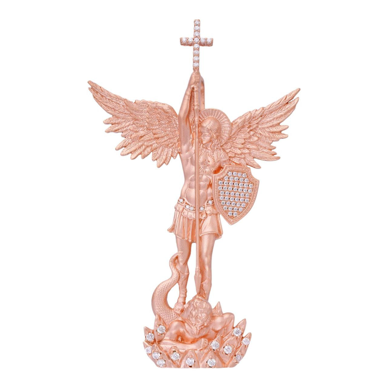 HarlemBling MOISSANITE Saint Michael Slaying Dragon Archangel Pendant - Sandblasted Matte Finish 14k Rose Vermeil 925 Silver - 3 Sizes 1"-3"